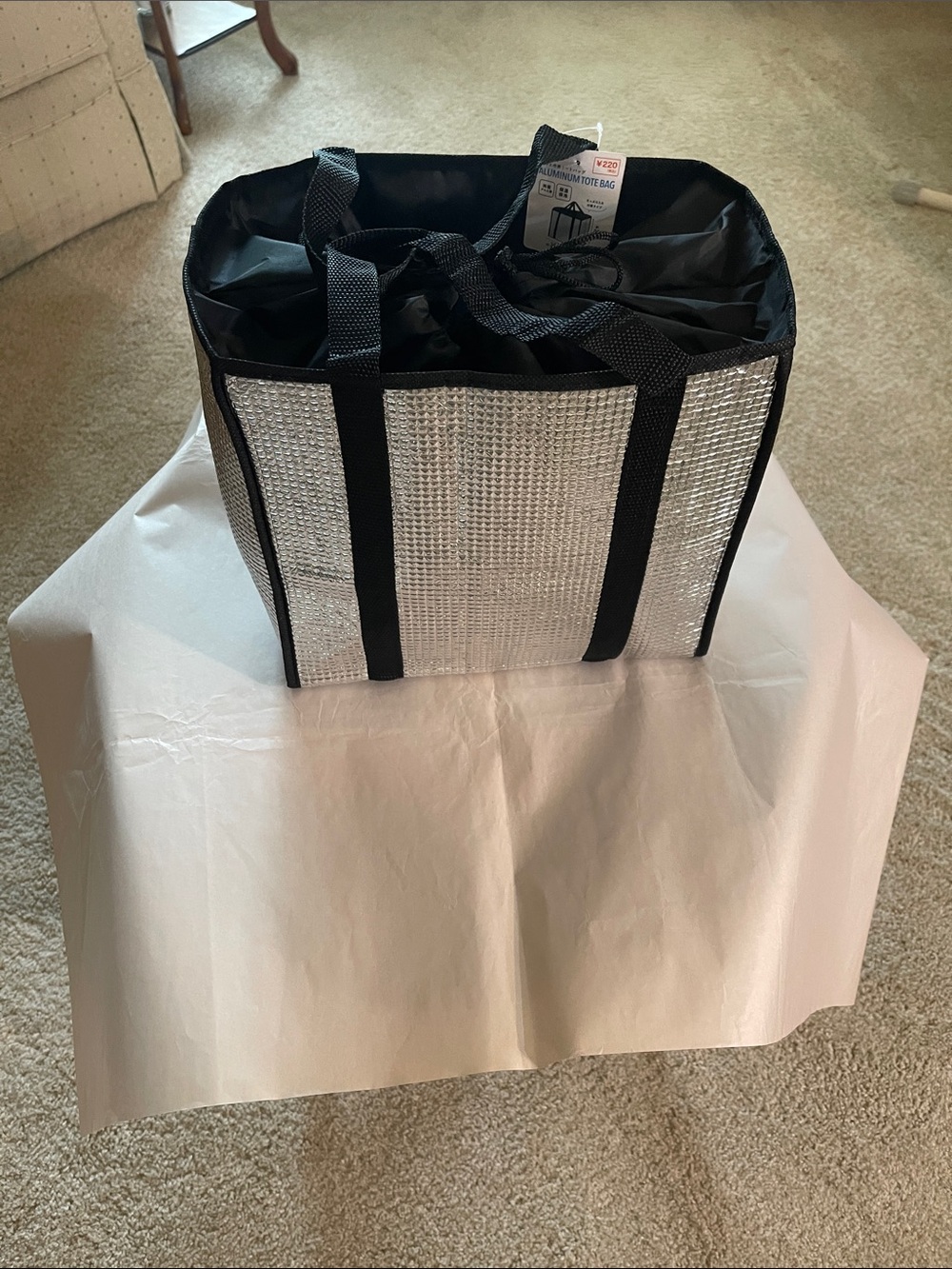 Aluminum drawstring Tote Bag - Silver and Black
